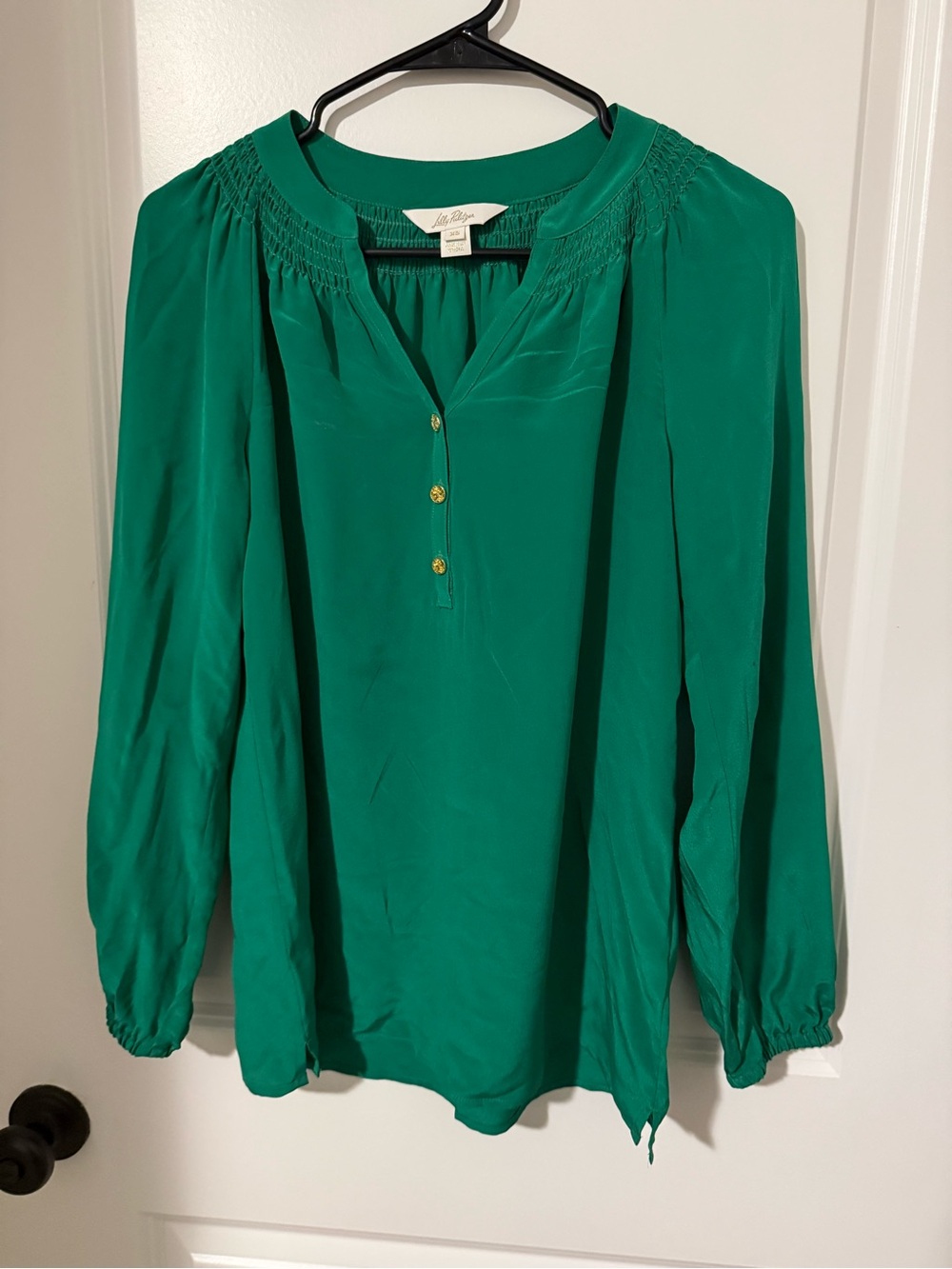 Lilly Pulitzer Emerald Green Smocked Yoke Long-Sleeve Blouse #83 - Picture 1 of 6